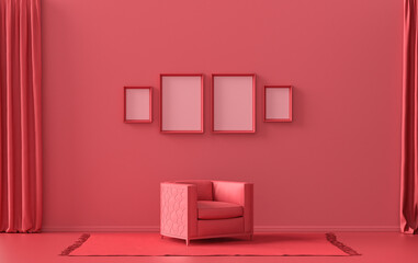 Interior room in plain monochrome dark red, maroon color, 4 frames on the wall with single chair, without plant, for poster presentation, Gallery wall. 3D rendering