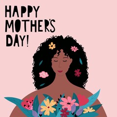 Happy Mothers day banner or greeting card template with beautiful woman holding flowers in cartoon style. Mother's Day typography design in flat style, Vector illustration.