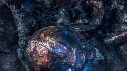 Realistic special effects makeup burn bones and skull rotate close-up props.