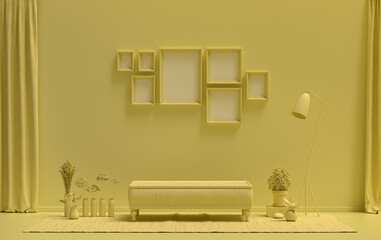 Minimalist living room interior in flat single pastel light yellow color with seven frames on the wall and furnitures and plants, in the room, 3d Rendering