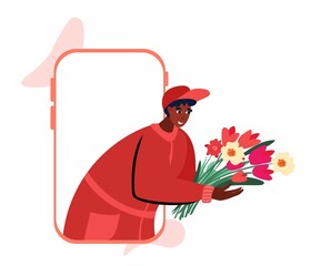 Receiving Blooming Plants in Wrapping from Man Courier Worker. Flower Bouquet Delivery Service Advertisement.