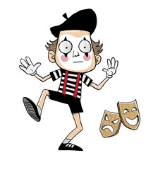Young kid mime theatre black and white costume and dramatical make-up