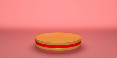 Golden product stand futuristic or podium pedestal on empty display with orange pastel backdrops. 3D rendering.