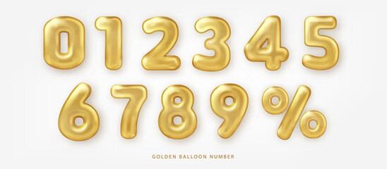Set of shiny golden balloon number and percentage notation