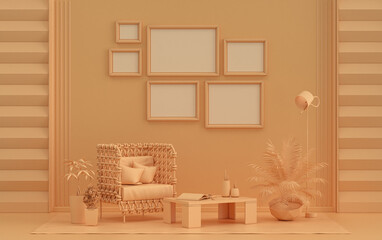 Fototapeta premium Wall mockup with six frames in solid flat pastel orange pinkish color, monochrome interior modern living room with furnitures and plants, 3d rendering