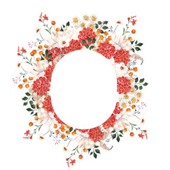 Watercolor frame with wildflower, leaves and herbs, meadow floral. Isolated on white background