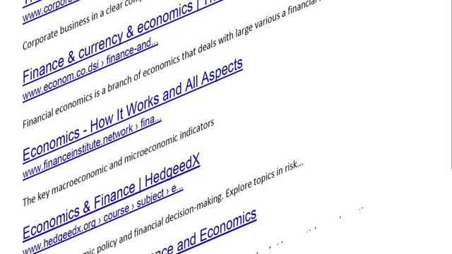 Internet search results for financial services and information with The links of imaginary no-existing websites move on display, close up.