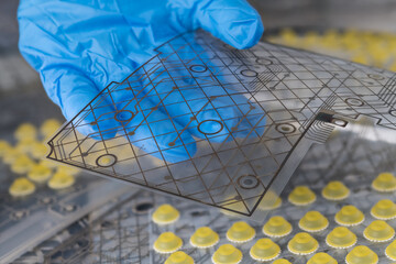 Transparent flexible circuit board detail with printed copper layer in line grid pattern. Engineer...