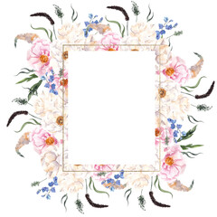 Watercolor frame with wildflower, leaves and herbs, meadow floral. Isolated on white background