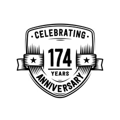 174 years anniversary celebration shield design template. Vector and illustration
