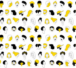 Decorative diverse women men head seamless pattern background. Multiethnic gruop