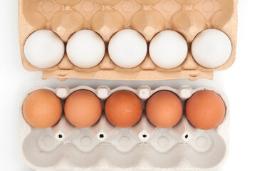 Eggs in carton trayes on white background