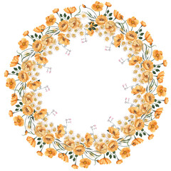 Watercolor wreath with meadow flowers, herbs, leaves, isolated on white background