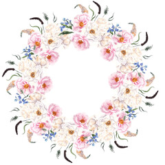 Plakat Watercolor wreath with meadow flowers, herbs, leaves, isolated on white background
