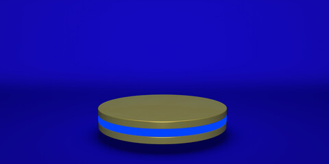 Golden product stand futuristic or podium pedestal on empty display with blue backdrops. 3D rendering.