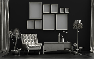 Modern interior flat black background and metallic silver color room with furnitures and plants, gallery wall template with 9 frames on the wall for poster presentation, 3d Rendering