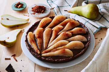 pear and chocolate homemade cake tart with slice