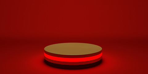 Golden product stand futuristic or podium pedestal on empty display with red backdrops. 3D rendering.