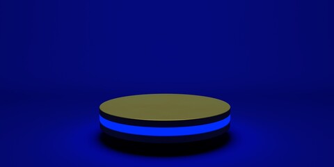 Golden product stand futuristic or podium pedestal on empty display with blue backdrops. 3D rendering.