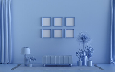Mock-up poster gallery wall with six frames in solid pastel light blue room with furnitures and plants, 3d Rendering