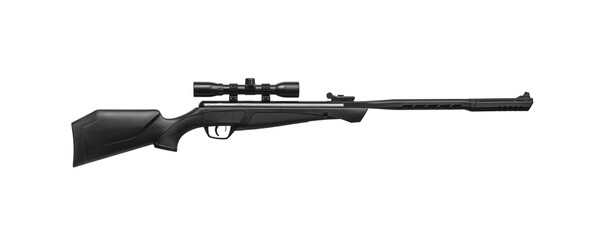 Black pneumatic rifle with an optical sight isolated on white back