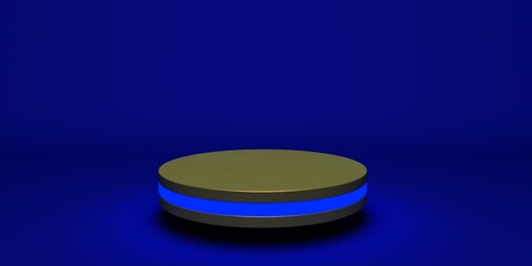 Golden product stand futuristic or podium pedestal on empty display with blue backdrops. 3D rendering.