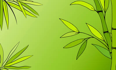 Obraz premium Beautiful background with bamboo stem and leaves. Set of bamboo tree leaves. Hand drawn botanical collection. Drawing of parts of bamboo and sections of branches and leaves on a green background. 