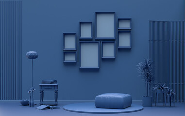 Minimalist living room interior in flat single pastel dark blue color with 8 frames on the wall and furnitures and plants, in the room, 3d Rendering