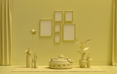 Mock-up poster gallery wall with six frames in solid pastel light yellow room with furnitures and plants, 3d Rendering