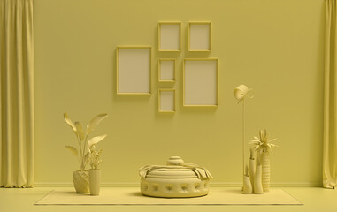 Mock-up poster gallery wall with six frames in solid pastel light yellow room with furnitures and plants, 3d Rendering