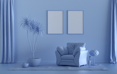 Double Frames Gallery Wall in light blue monochrome flat room with furnitures and plants, 3d Rendering