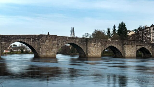 Limoges, France, Saint Etienne Bridge with Walker, Timelapse 