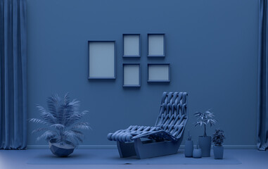 Flat color interior room for poster showcase with 5 frames  on the wall, monochrome dark blue color gallery wall with meditation bed and plants. 3D rendering