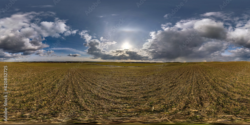 Wall mural full seamless spherical hdri panorama 360 degrees angle view among farm fields in spring day awesome