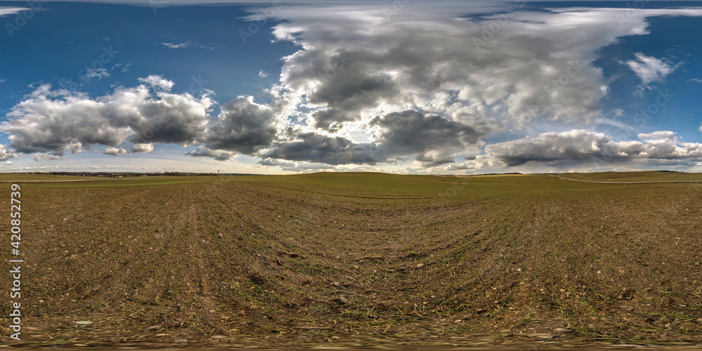 Wall mural full seamless spherical hdri panorama 360 degrees angle view among farm fields in spring day awesome