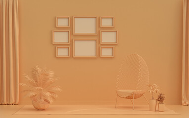 Minimalist living room interior in flat single pastel orange pinkish color with 8 frames on the wall and furnitures and plants, in the room, 3d Rendering