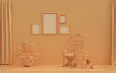 Interior room in plain monochrome orange pinkish color, 4 frames on the wall with single chair and plants, for poster presentation, Gallery wall. 3D rendering