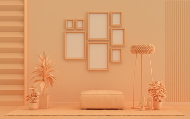 Minimalist living room interior in flat single pastel orange pinkish color with 8 frames on the wall and furnitures and plants, in the room, 3d Rendering