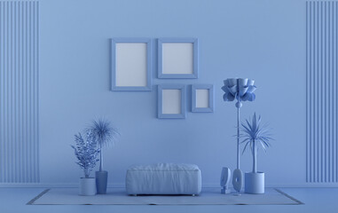 Interior room in plain monochrome light blue color, 4 frames on the wall with furnitures and plants, for poster presentation, Gallery wall. 3D rendering