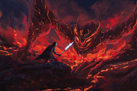 Warrior holding a frost spear standing confront lava dragon ,tale monster,creatures of myth and Legend ,digital art, Illustration painting.