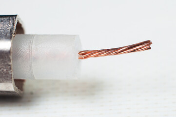 Coaxial cable close-up on a white background, macro photography