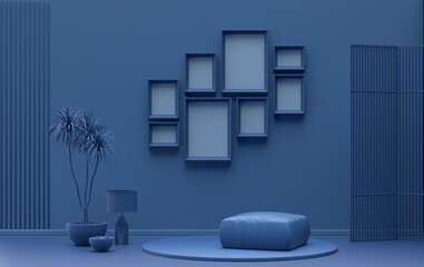 Minimalist living room interior in flat single pastel dark blue color with 8 frames on the wall and furnitures and plants, in the room, 3d Rendering