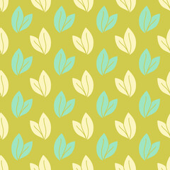 Vector seamless pattern with leaves, repeatable minimalistic background. Repeatable botanical backdrop. Green geometric tea leaves motif.