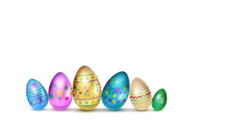 Illustration with several realistic Easter eggs in various colors with holiday symbols, glares and shadows on white background