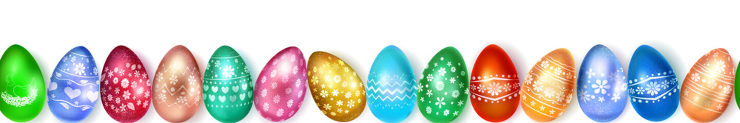 Banner made of realistic Easter eggs in various colors with holiday symbols, glares and shadows on white background with seamless horizontal repetition