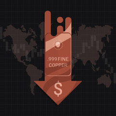 Copper market price crisis concept. Design by Cu metal bar and falling down arrow with US dallar sign. Decline in copper commodity value during world economic growth. Flat vector illustration