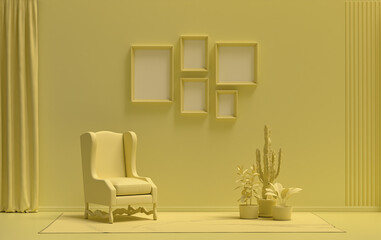 Flat color interior room for poster showcase with 5 frames  on the wall, monochrome light yellow color gallery wall with single chair and plants. 3D rendering