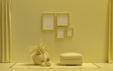 Interior room in plain monochrome light yellow color, 4 frames on the wall with single chair and plants, for poster presentation, Gallery wall. 3D rendering