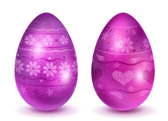 Two realistic Easter eggs with different surface texture, patterns and holiday symbols in purple colors. With shadows on white background