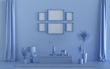 Poster frame background room in flat light blue color with 6 frames on the wall, solid monochrome background for gallery wall mockup, 3d rendering